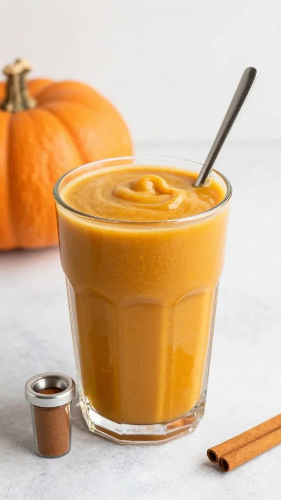 spoonful of thick pumpkin spice smoothie, macro shot