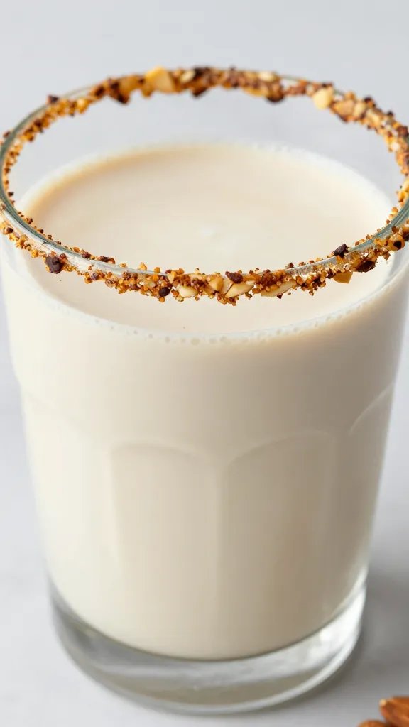 closeup keto Almond Joy smoothie in clear glass, toasted almond rim
