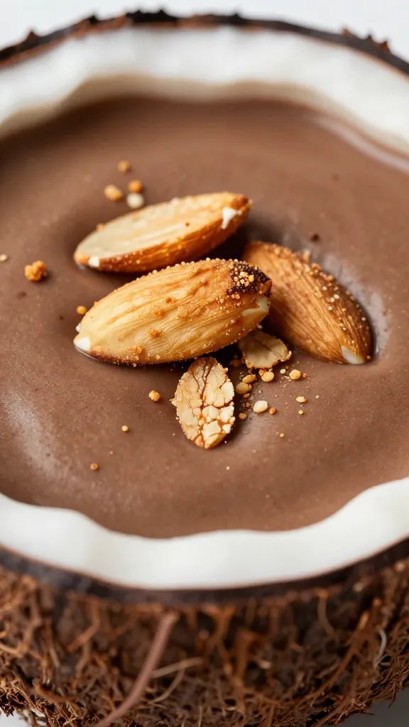 macro shot of toasted almond garnish on chocolate coconut foam