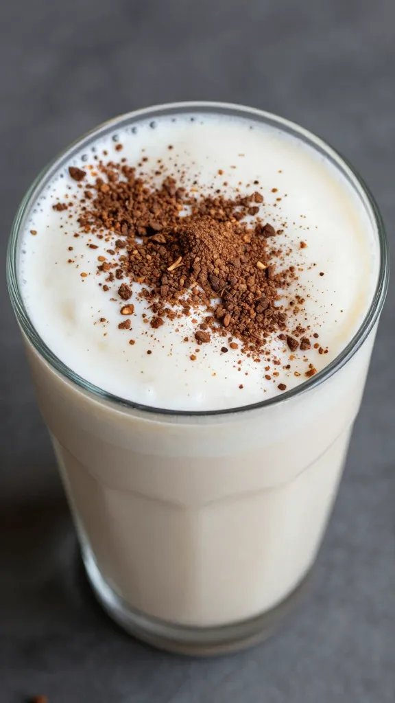 overhead closeup of cocoa-dusted coconut milk smoothie in tumbler