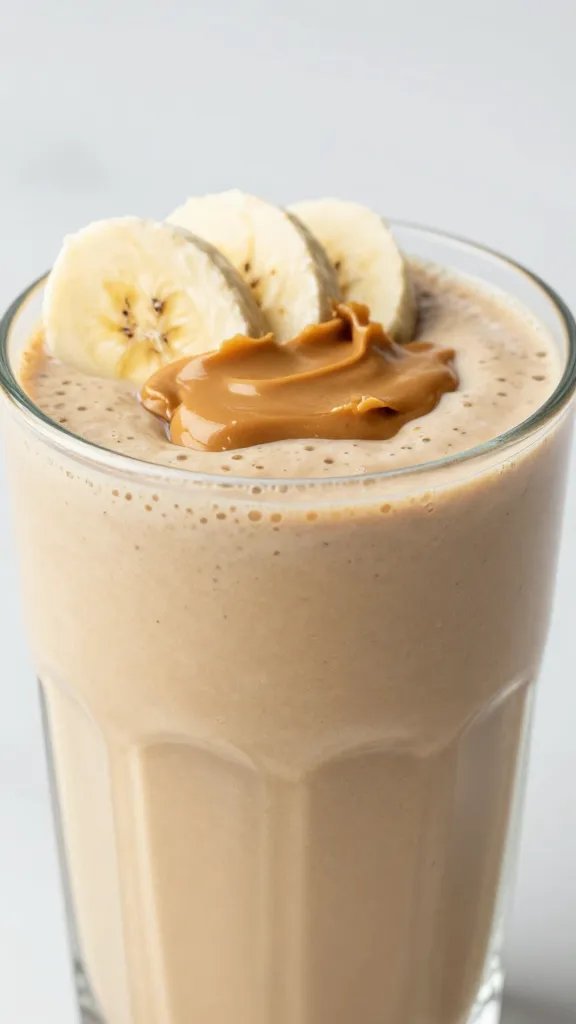 closeup peanut butter banana keto smoothie in clear glass