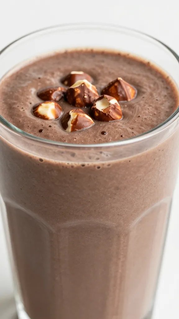 closeup chocolate hazelnut keto smoothie in clear glass, frosty