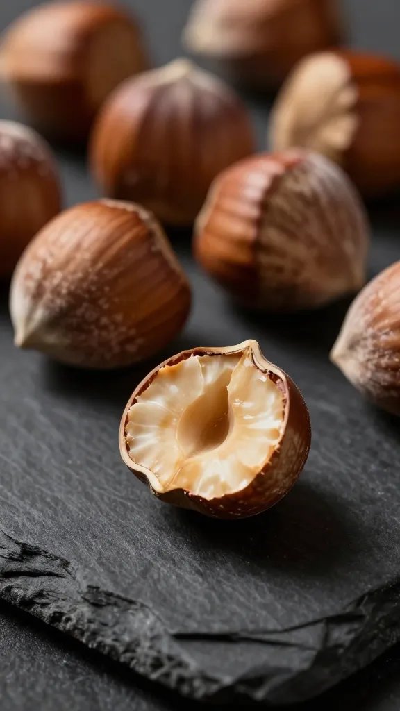 roasted hazelnuts closeup on dark slate, dramatic side light