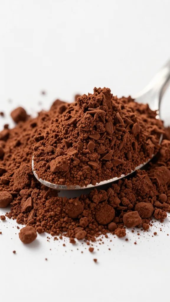 spoonful of dark cocoa powder closeup, soft studio lighting