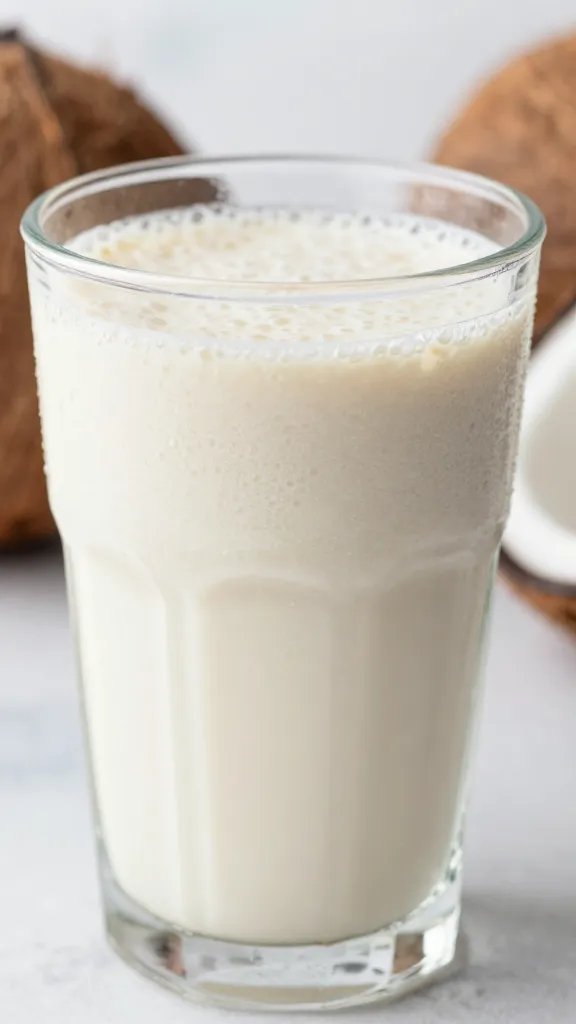 closeup mocha coconut keto smoothie in clear glass, condensation