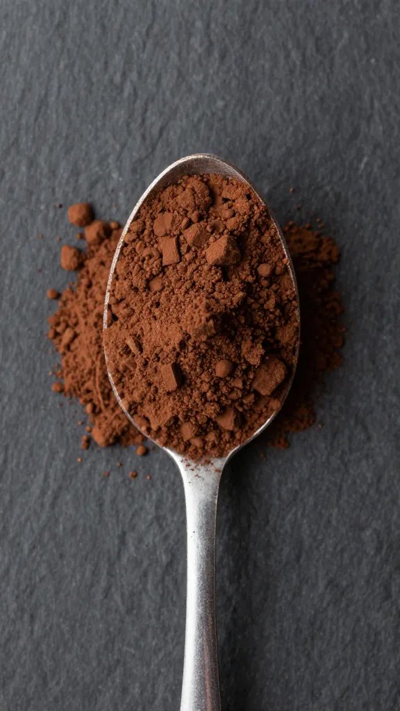 overhead spoonful of unsweetened cocoa powder on dark slate