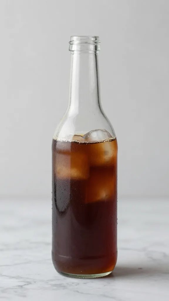 single glass bottle of cold brew coffee on marble surface