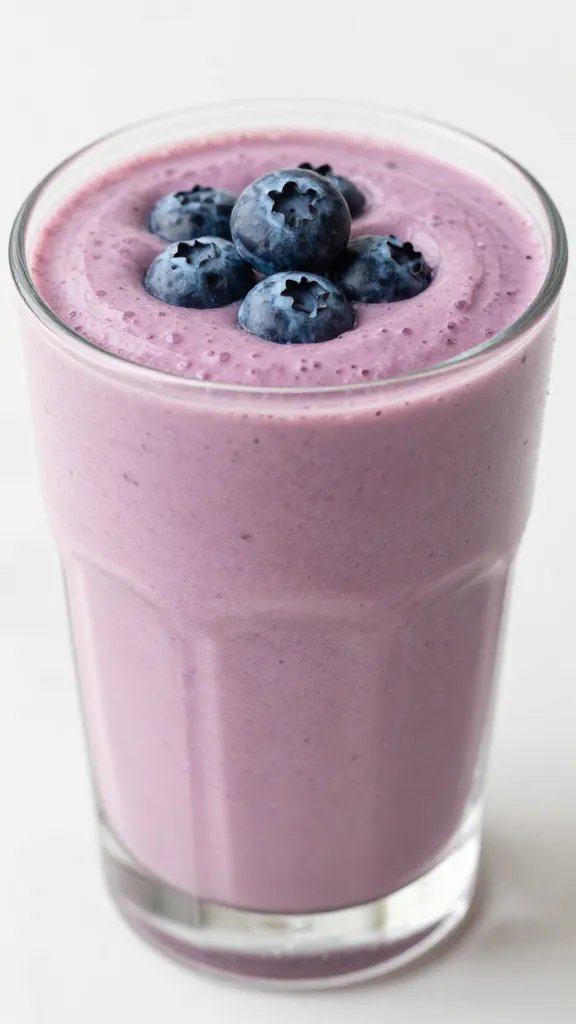 closeup keto blueberry cheesecake smoothie in clear glass