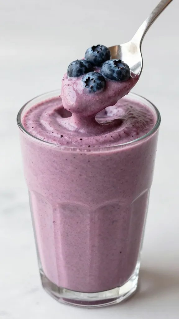 single spoonful of thick blueberry cheesecake smoothie