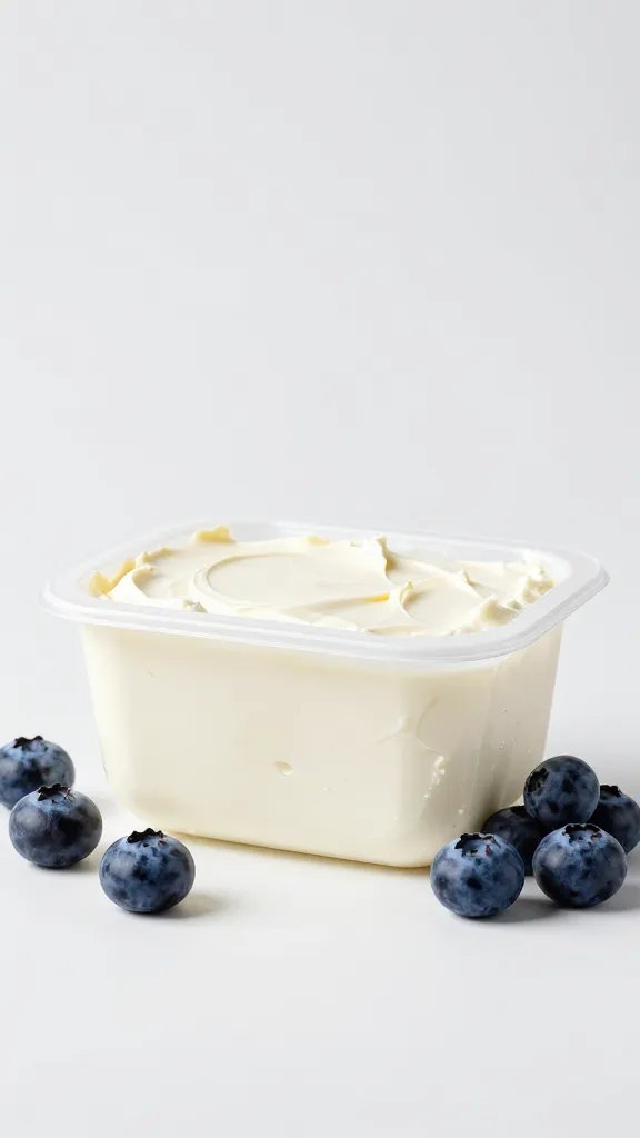 full-fat cream cheese block with blueberries, studio lighting
