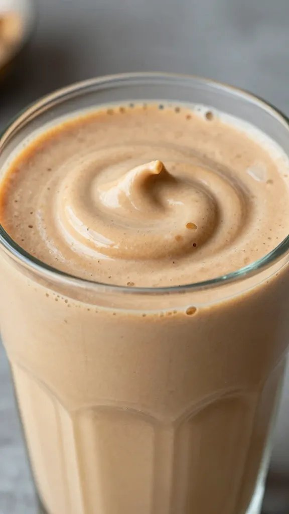 closeup keto peanut butter fudge smoothie in glass, frosty