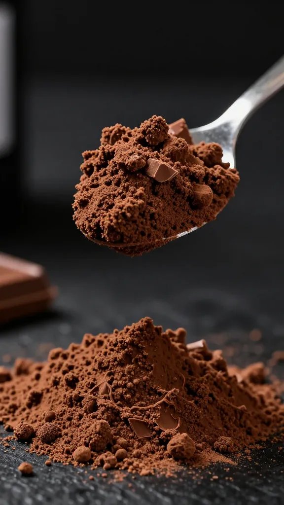 scoop of chocolate protein powder on black background, macro