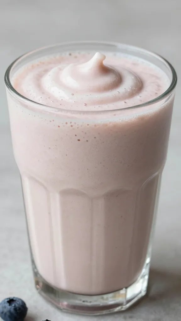 closeup keto vanilla berry smoothie in clear glass, frosty