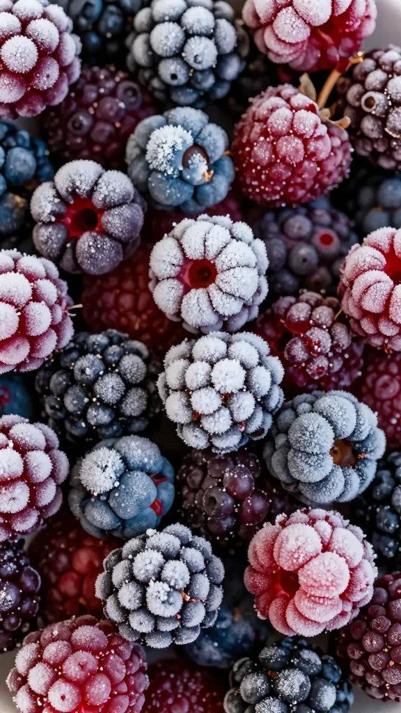 closeup of frozen mixed berries dusted with frost, vibrant