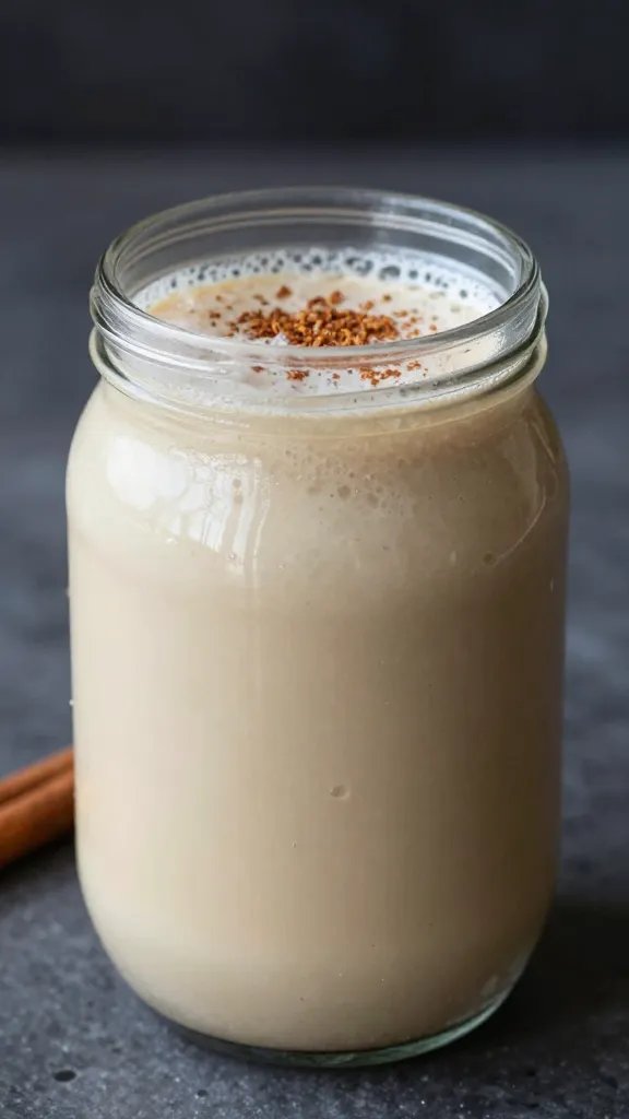 closeup keto cinnamon vanilla latte smoothie in glass jar