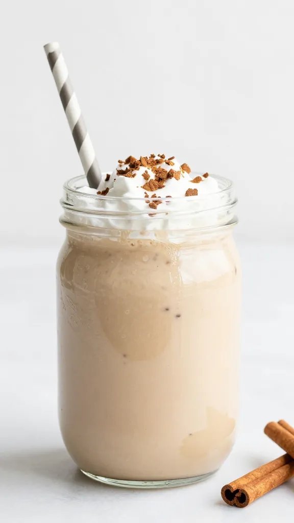 frosty blender jar of cinnamon vanilla keto latte smoothie