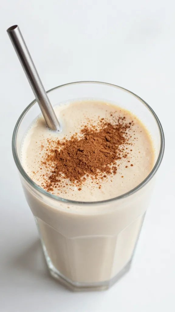 overhead shot of cinnamon-dusted keto smoothie with metal straw