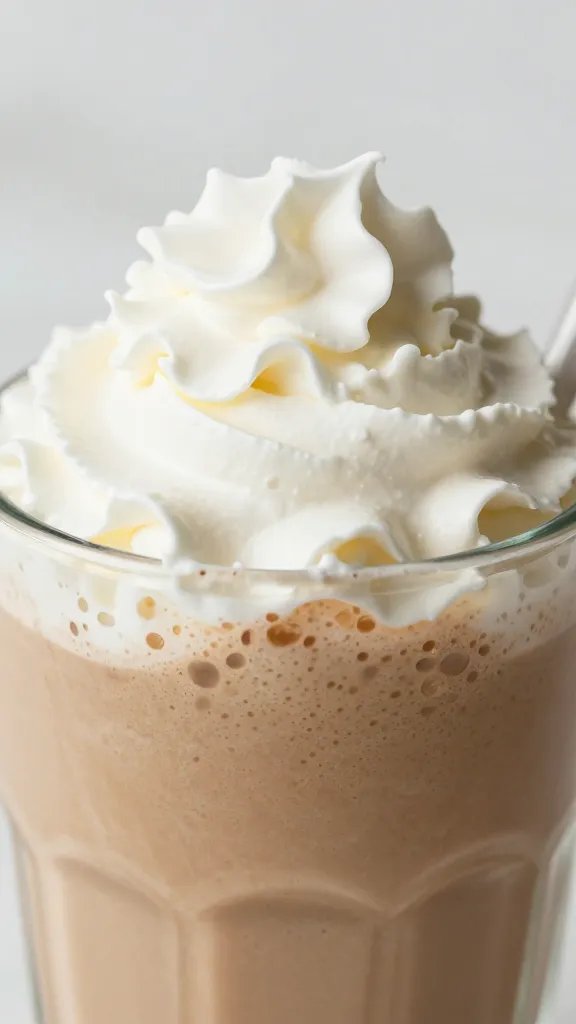 macro of frothy cinnamon keto smoothie topped with whipped cream