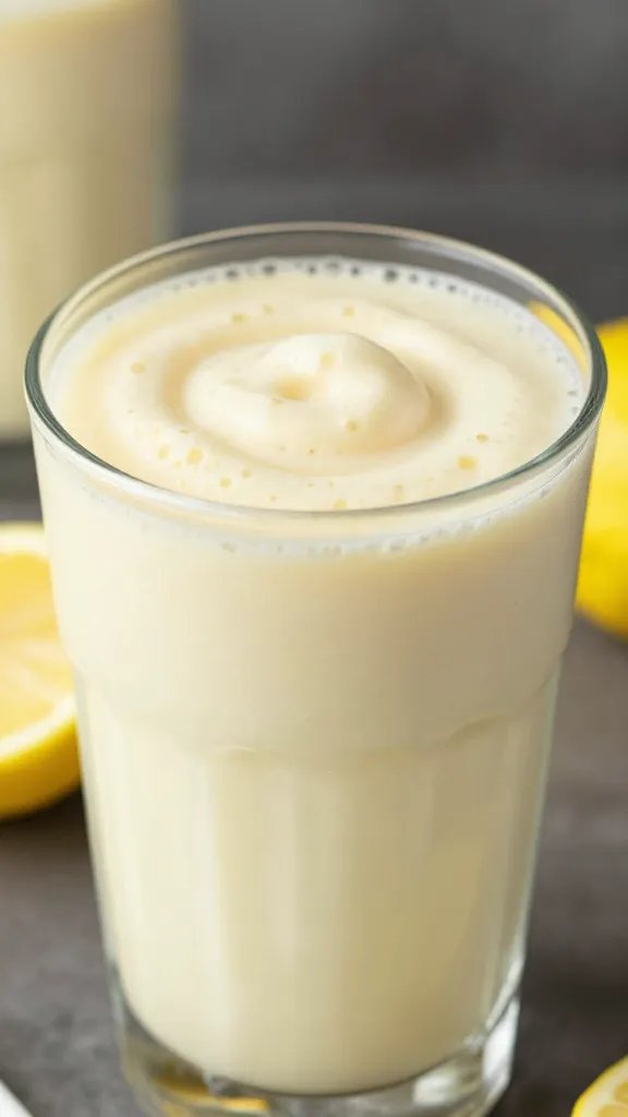 frosty lemon vanilla keto smoothie in clear glass, closeup