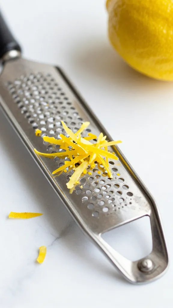 closeup of lemon zest on microplane over white marble