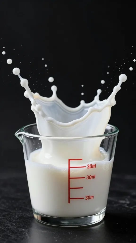 coconut milk splash in glass measuring cup, studio lighting