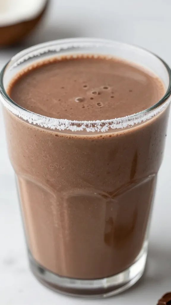 closeup keto chocolate coconut smoothie in clear glass, frosty rim