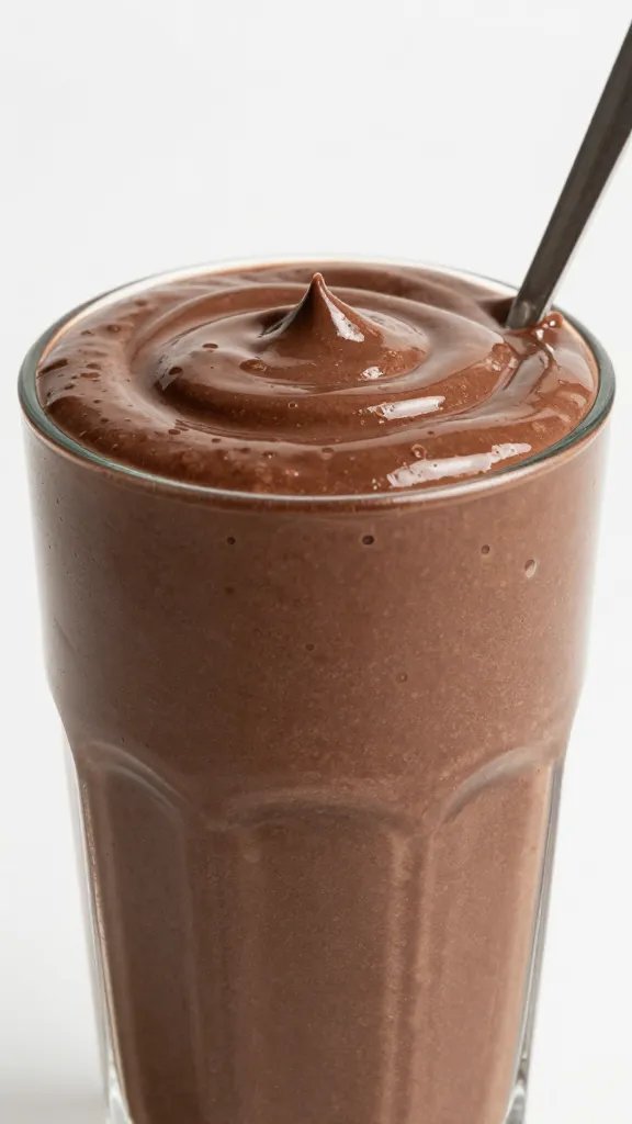 spoonful of thick chocolate coconut smoothie, glossy texture
