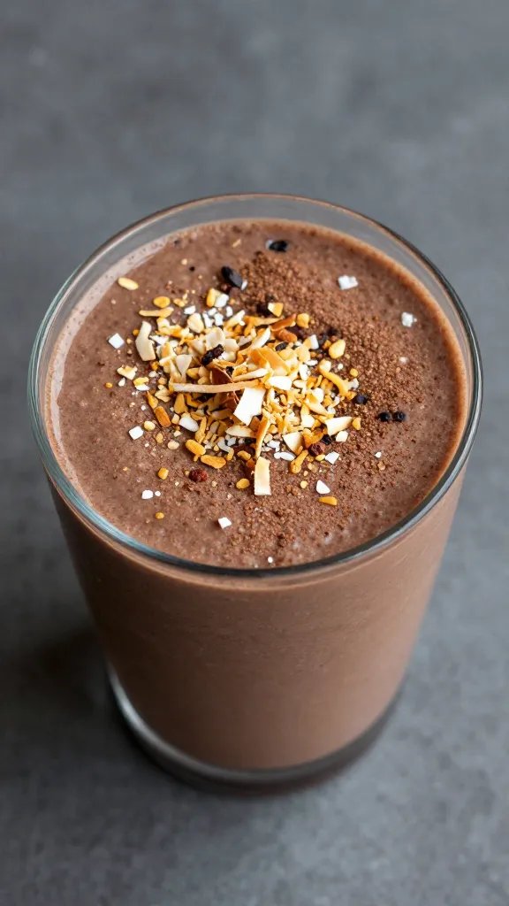 overhead shot of cocoa-dusted keto smoothie topped with toasted coconut