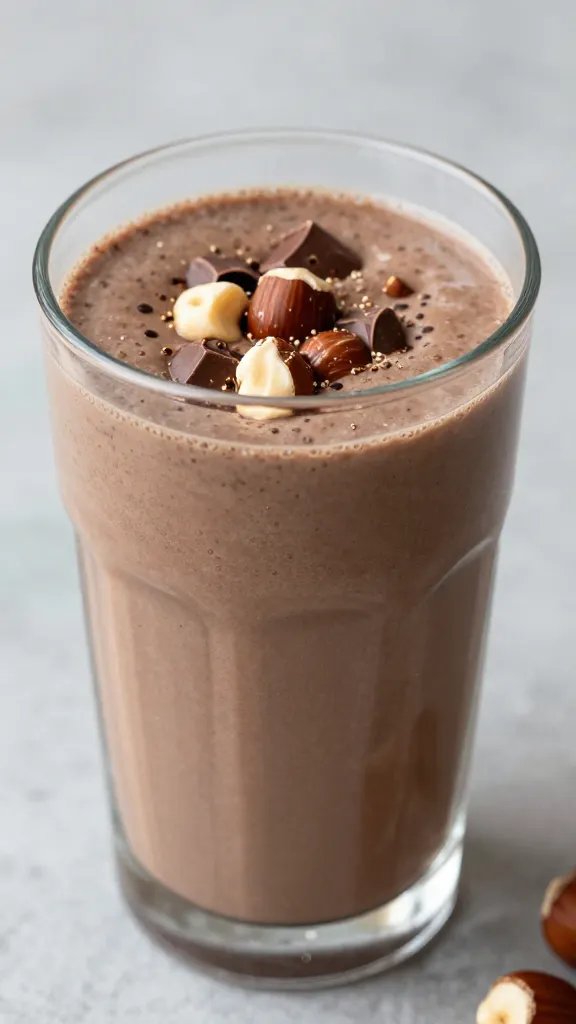 closeup keto chocolate hazelnut smoothie in clear glass
