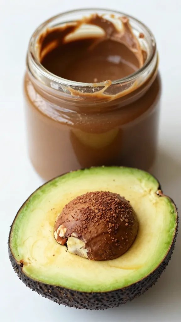 halved avocado beside cocoa-dusted hazelnut butter jar