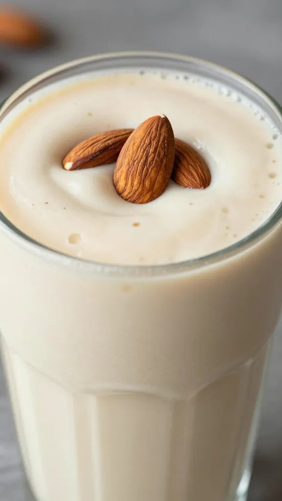 closeup of Almond Joy keto smoothie in frosted glass