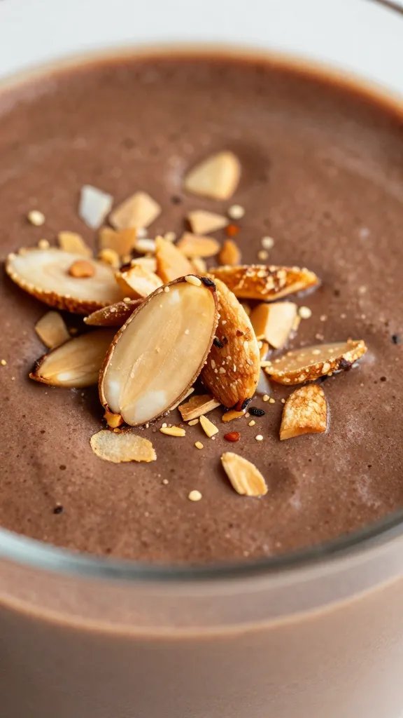 macro shot of toasted almond garnish on chocolate smoothie