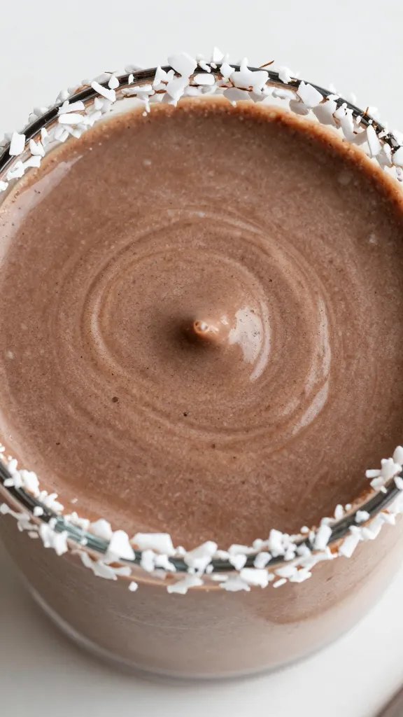 overhead closeup of coconut flake rim on keto chocolate shake