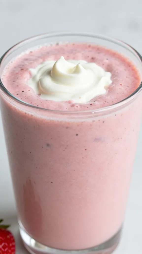 closeup strawberry cream cheese keto smoothie in clear glass