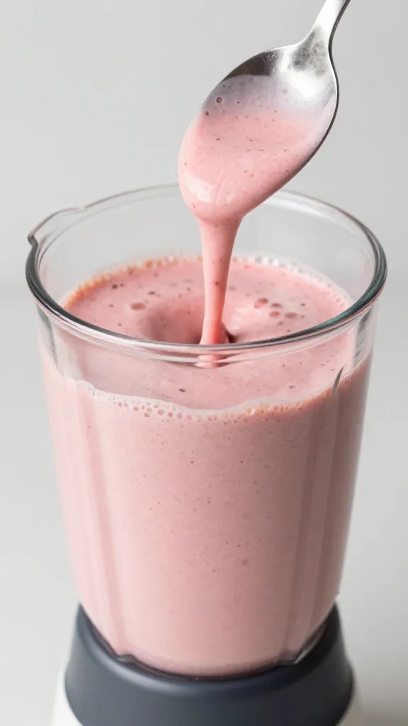 spoonful of thick strawberry keto smoothie above blender jar