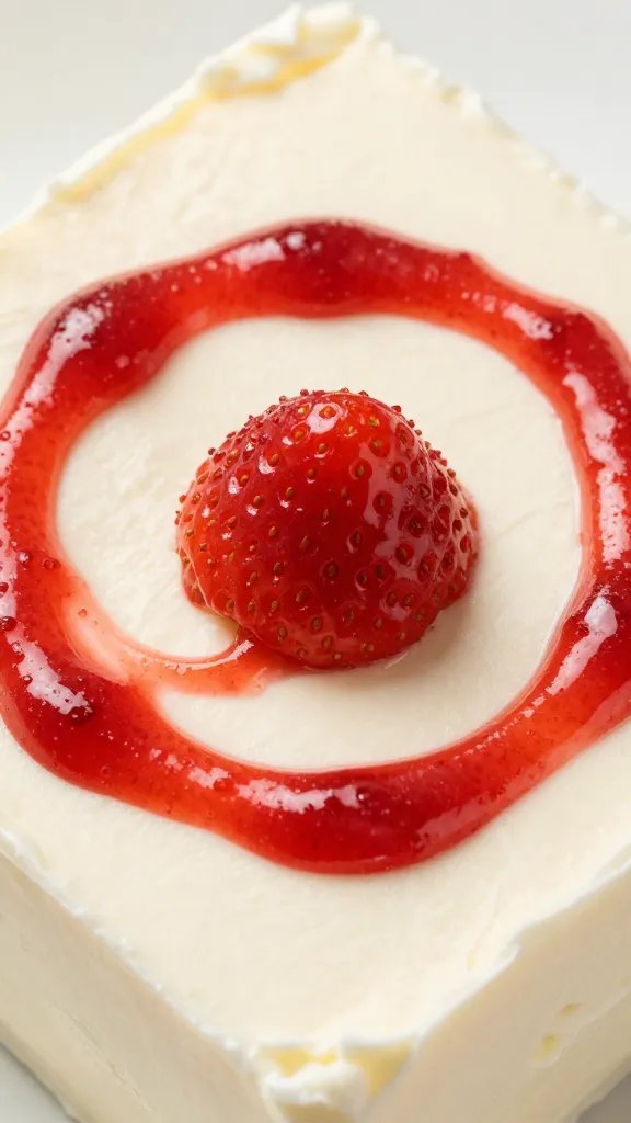 closeup cream cheese block with strawberry puree swirl