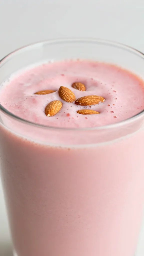 closeup keto strawberry almond smoothie in clear glass, silky pink