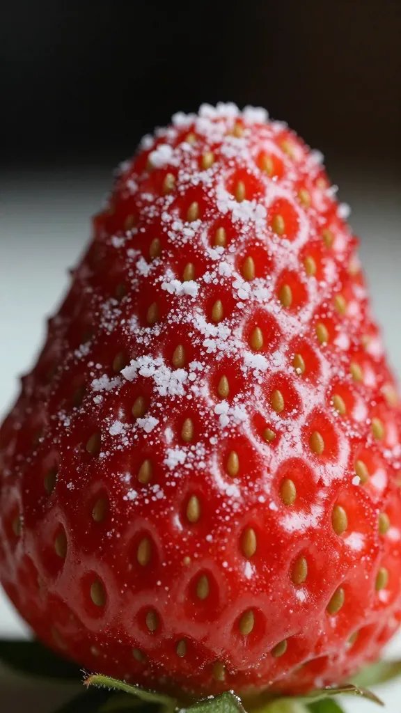 single fresh strawberry dusted with erythritol, macro shot