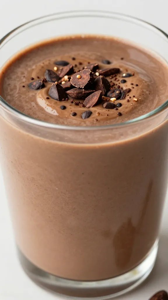 closeup keto chocolate peanut butter smoothie in glass, cacao nibs