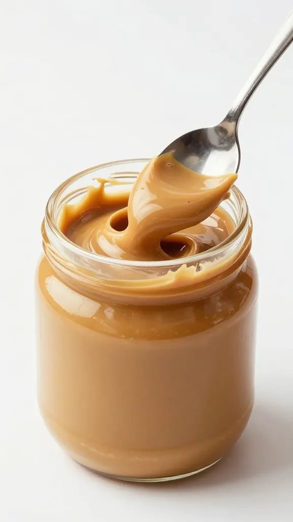 spoonful of creamy natural peanut butter, glossy swirl, studio lighting