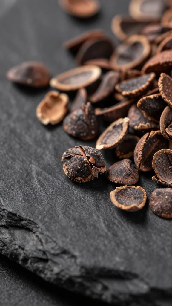macro shot of cacao nibs on black slate, sharp texture