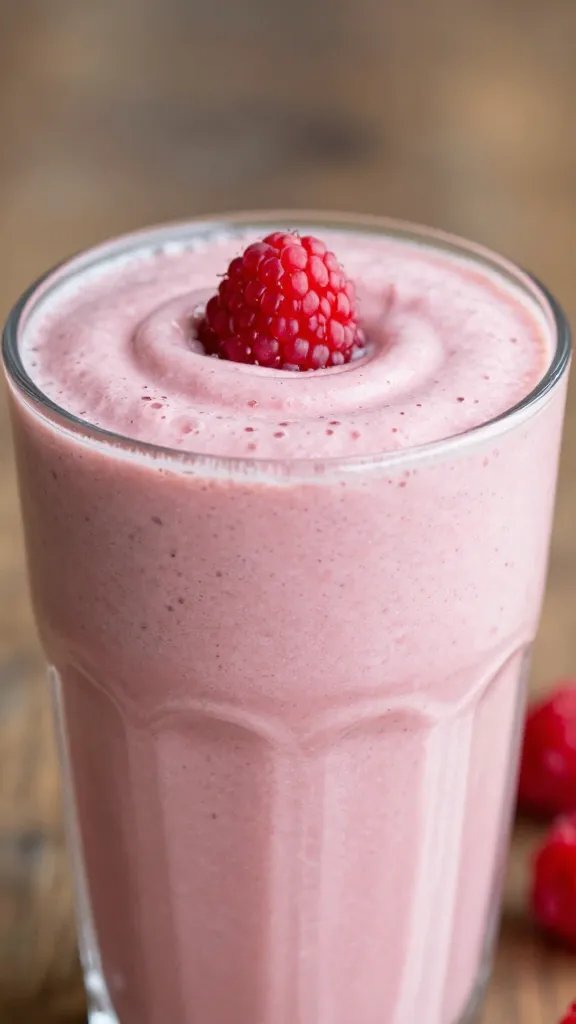 closeup vanilla raspberry swirl keto smoothie in clear glass