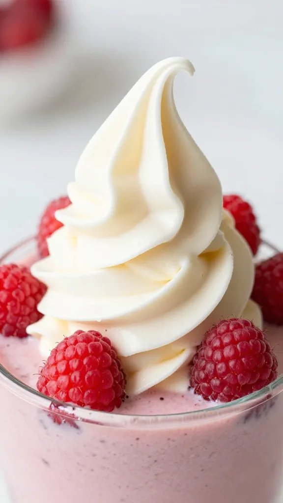macro shot raspberry cheesecake-style swirl atop keto smoothie