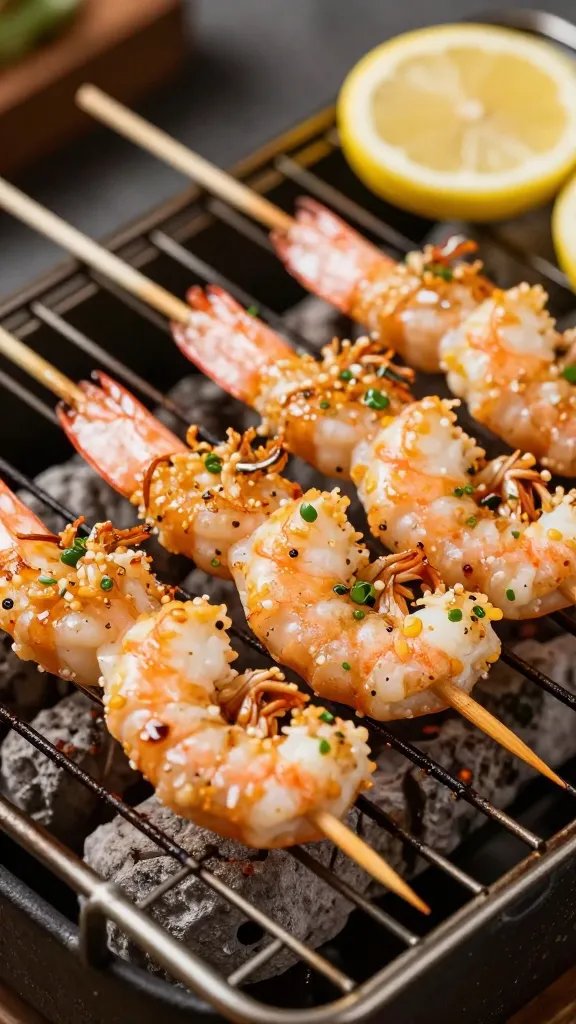 closeup of lemon-garlic shrimp skewer on charcoal grill