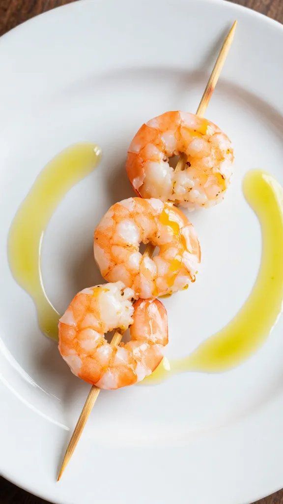 single shrimp skewer on white plate with olive oil drizzle