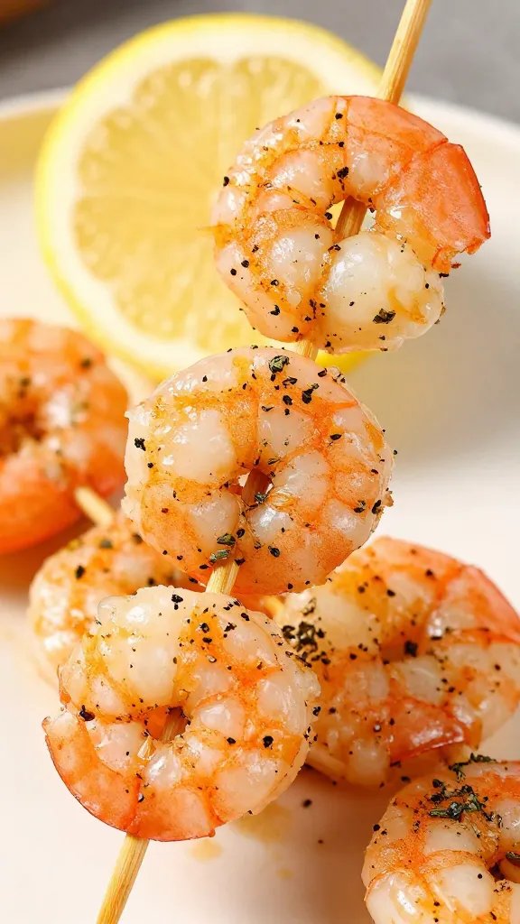 closeup of oregano-dusted shrimp skewer with lemon wedge backdrop