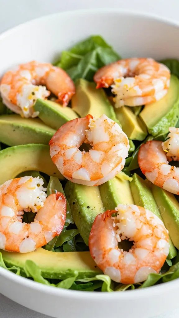 closeup keto shrimp and avocado salad in white bowl