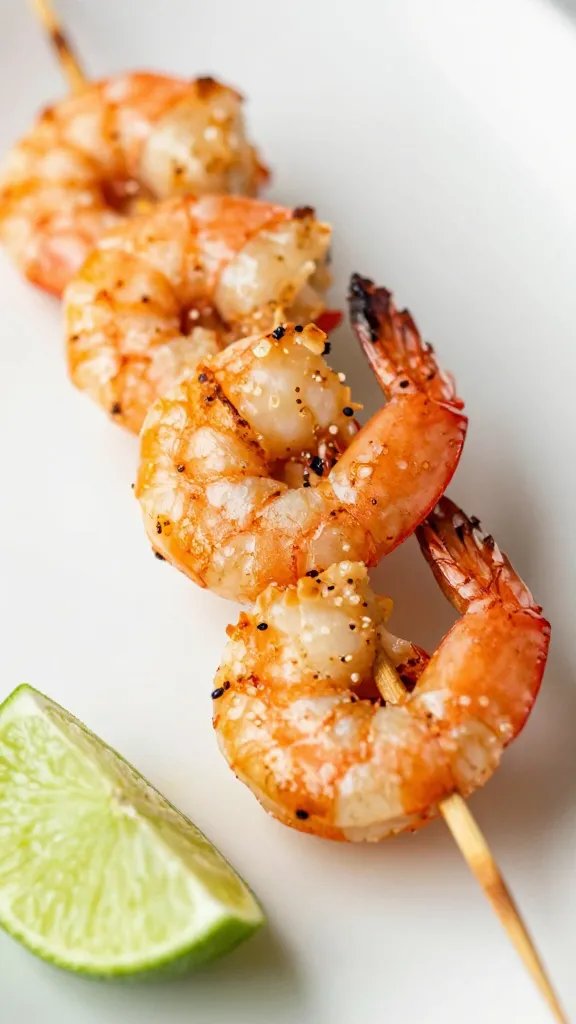 grilled shrimp skewer closeup with lime wedge garnish