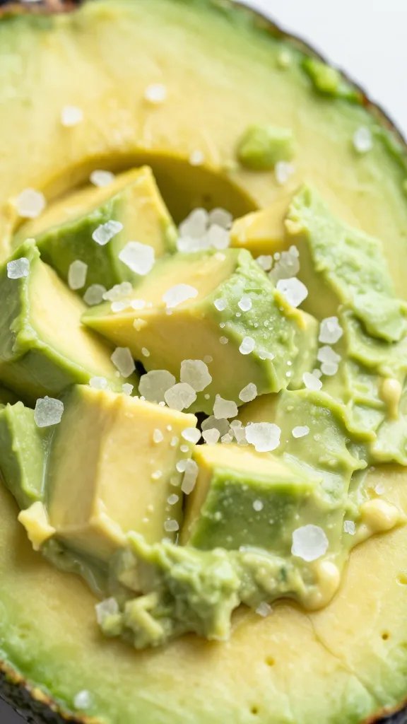 creamy diced avocado closeup with flaky sea salt