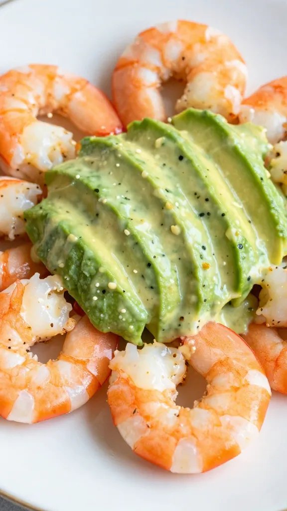 closeup plate of keto shrimp with zesty avocado dressing
